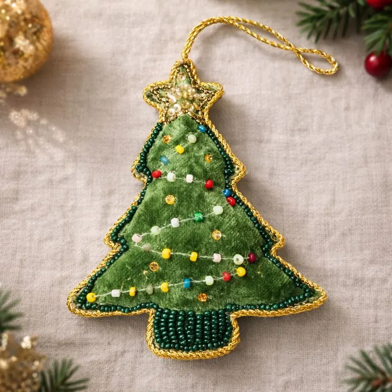 Beaded Christmas Green Tree Ornament - Image 4