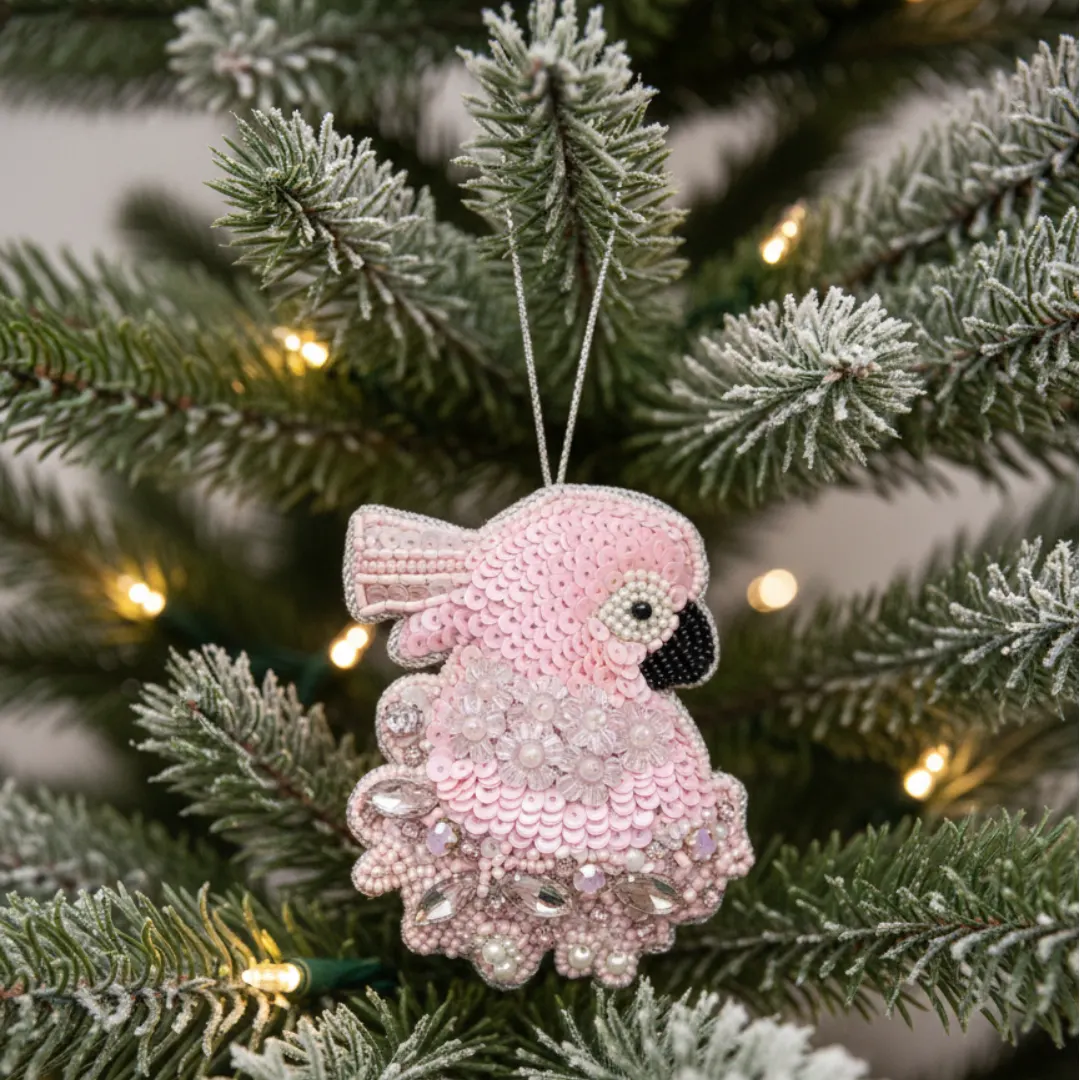 Flamingo Pink Beaded Bird Hanging Ornament
