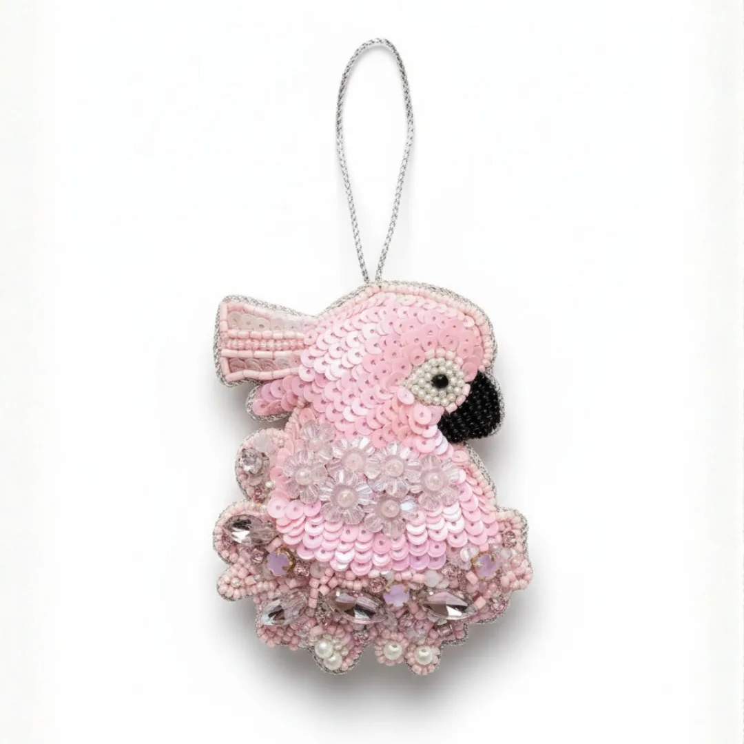 Flamingo Pink Beaded Bird Hanging Ornament - Image 2