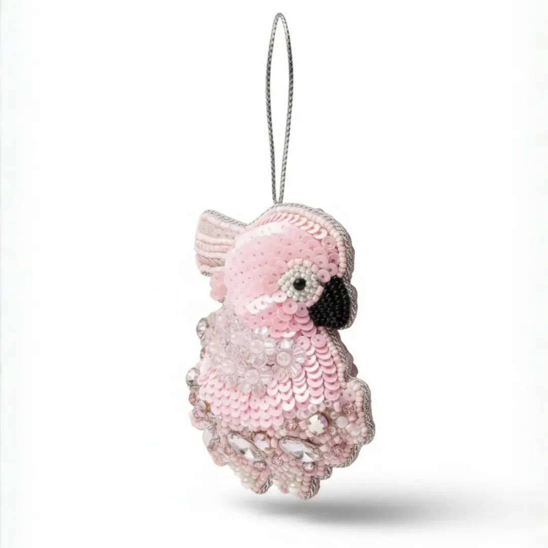 Flamingo Pink Beaded Bird Hanging Ornament - Image 3