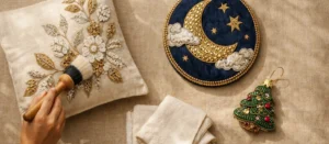 Woman gently cleaning beaded and embroidered home décor with soft brush.