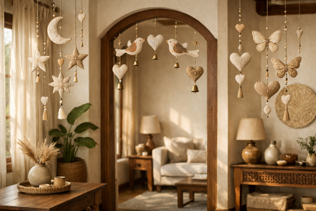 Ultra-realistic Indian home interior with handcrafted hanging ornaments—stars, moons, hearts, birds, and butterflies—suspended near windows and doorways in a warm, earthy-toned living space with wooden furniture and soft natural daylight.