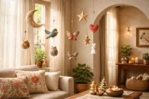 Handcrafted hanging décor for festive Indian homes featuring embroidered stars, moons, birds, butterflies, hearts, and animal motifs styled in a warm, elegant living room.
