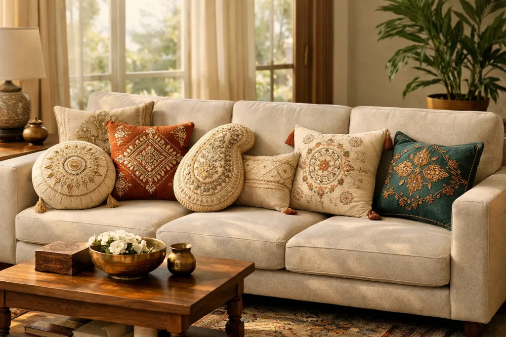 Handcrafted cushion covers styled on sofa in an Indian living room