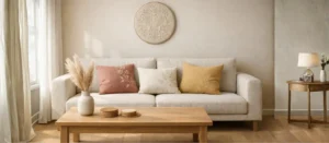 Minimalist Indian living room with handmade embroidered cushion covers, round wall art, and wooden coffee table with coaster set in soft natural daylight.