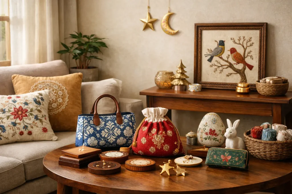 Unique handmade gift ideas displayed in a warm Indian home interior featuring embroidered cushion covers, fabric bags, potli pouches, coaster sets, and handcrafted wall art in a premium décor setting.