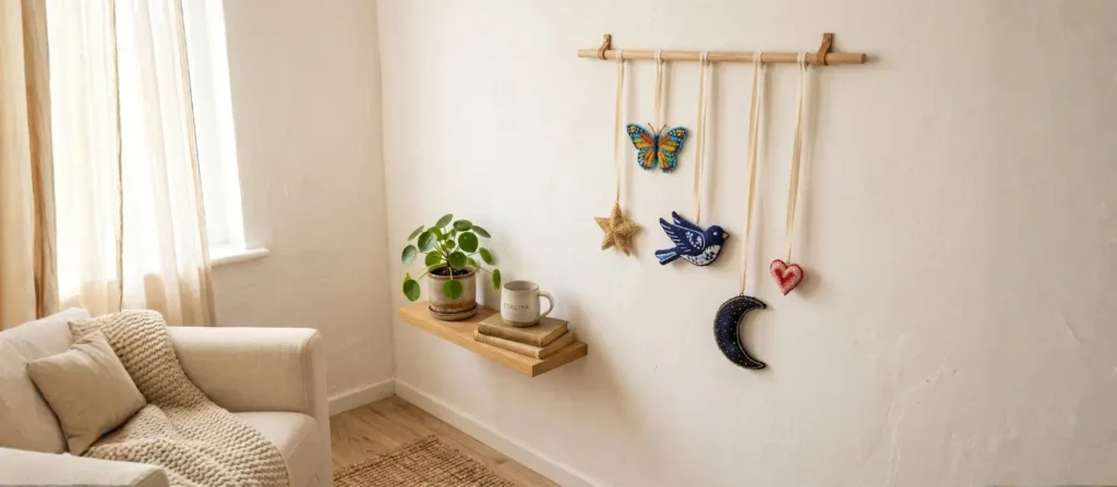 Handmade wall décor ideas for small spaces using beaded butterfly, moon, star and bird ornaments by Etaliya