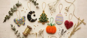 Handcrafted beaded hanging ornaments by Etaliya – butterfly, moon, star, pumpkin, Easter egg and Christmas tree designs